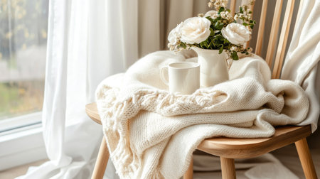 A serene interior scene featuring a cozy chair draped with a soft blanket, complemented by a delicate flower arrangement and a warm mug, perfect for relaxation.の素材