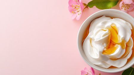 A delightful bowl of creamy yogurt topped with golden honey, surrounded by beautiful pink blossoms. This image captures the essence of fresh, healthy indulgence in a simple yet elegant presentation.の素材