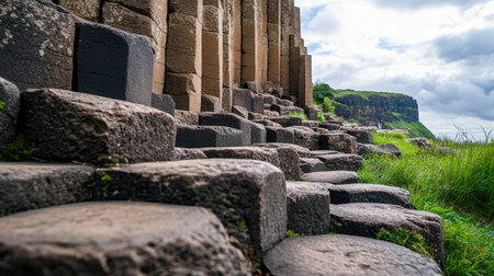 Explore a magnificent geological formation showcasing stone columns amidst lush green grass and dramatic cliffs, highlighting nature's beauty and historical significance.の素材