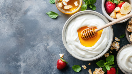 A vibrant yogurt bowl featuring creamy yogurt topped with golden honey, fresh strawberries, and crunchy granola, perfect for a nutritious breakfast or snack.の素材