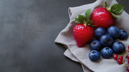 A visually appealing arrangement of fresh strawberries and blueberries displayed on a soft gray cloth, perfect for showcasing healthy food choices and vibrant colors.の素材