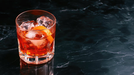 A close-up of a refreshing cocktail in a glass filled with ice and an orange twist, presented on an elegant marble surface, perfect for bar and restaurant themes.の素材