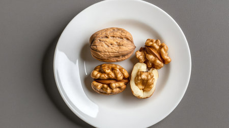 A visually appealing presentation of fresh walnuts on a white plate, showcasing the natural textures and colors of whole and shelled nuts, ideal for healthy eating themes.の素材
