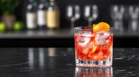 A beautifully crafted cocktail featuring vibrant colors and ice, garnished with an orange slice. Perfect for summer gatherings or bar settings.の素材