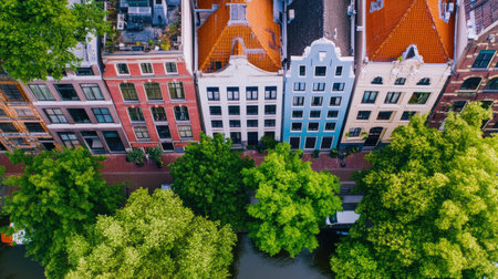 A stunning aerial view of colorful canal houses in Amsterdam framed by lush green trees, showcasing vibrant architecture and serene waters beneath a beautiful summer sky.の素材