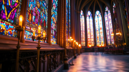 Explore the captivating beauty of stained glass windows in a historic church. This vibrant interior showcases intricate artistry and serene ambiance, ideal for spiritual reflection.の素材