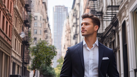 A confident businessman walks through an urban city street, showcasing modern fashion and determination in a vibrant urban setting that reflects professionalism.の素材