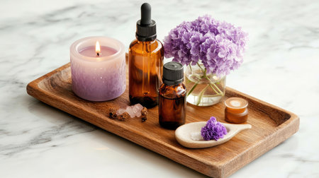 Explore an inviting arrangement of essential oils, a scented candle, and fresh lavender. Perfect for wellness, relaxation, and creating a peaceful atmosphere in your home.の素材