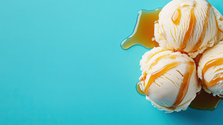 A close-up of creamy vanilla ice cream scoops drizzled with rich caramel sauce, placed on a vibrant blue background. Perfect for summer desserts.の素材