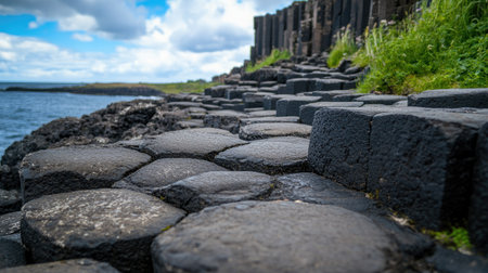 A stunning view of a stone pathway along majestic cliffs, overlooking serene waters and dotted with clouds. Nature's beauty at its finest.の素材