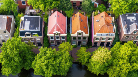 Aerial view of colorful rooftops of houses lined with lush green trees along a canal, showcasing vibrant architecture and a serene urban landscape.の素材