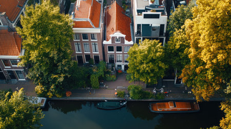 A captivating aerial view showcasing a serene canal lined with historic architecture and vibrant autumn foliage, creating a picturesque urban landscape.の素材