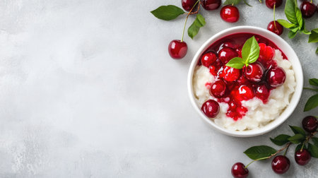 A luscious bowl of creamy dessert topped with vibrant red cherries and fresh green leaves, perfect for summer indulgence and food photography.の素材