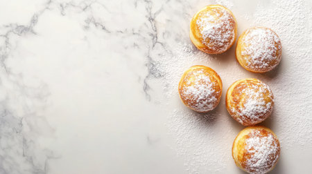 Enjoy a delightful arrangement of soft donuts dusted with powdered sugar, set on a sleek marble surface, perfect for any sweet moment or gathering.の素材