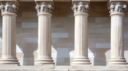 This image showcases four elegant classical columns against a stone wall, highlighting intricate designs and architectural beauty in a historic context. Perfect for design and heritage themes.の素材