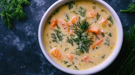 A tantalizing bowl of creamy salmon soup featuring fresh dill and assorted vegetables, perfect for a comforting meal. Ideal for culinary enthusiasts.の素材