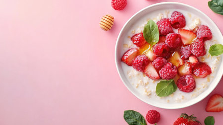 This vibrant image features a bowl filled with fresh raspberries, strawberries, and drizzled honey on a soft pink background. Perfect for breakfast or healthy snacks.の素材