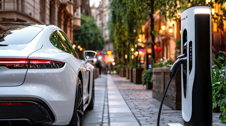A sleek modern electric vehicle charges at a stylish station in an urban setting, showcasing a blend of sustainability and contemporary design amidst evening lights.の素材
