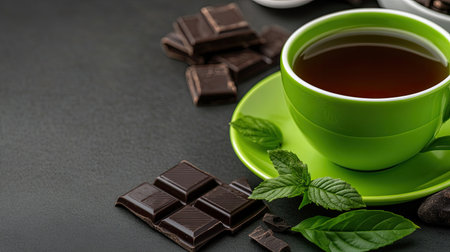 A vibrant green cup filled with steaming tea sits beside rich dark chocolate and fresh mint leaves, creating a perfect blend of flavor and warmth for relaxation.の素材