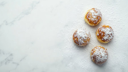 These round pastries are dusted with powdered sugar, offering a delightful treat for any occasion. Perfect for dessert lovers seeking indulgence.の素材