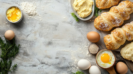 A beautiful arrangement of fresh breakfast ingredients including croissants, eggs, and creamy butter, perfect for inspiring delicious morning meals and culinary creations.の素材