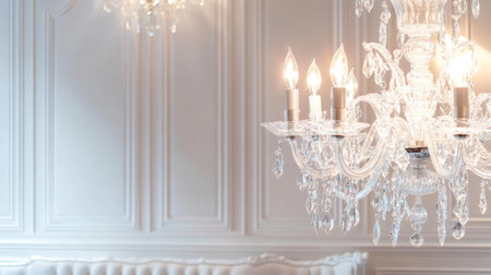 An elegant crystal chandelier hangs gracefully in a luxurious interior, illuminating the space with warmth and sophistication, enhancing the overall decor and ambiance.の素材