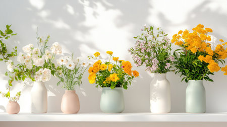 A collection of various flower arrangements in simple vases showcasing vibrant colors against a soft background, perfect for enhancing any interior space.の素材
