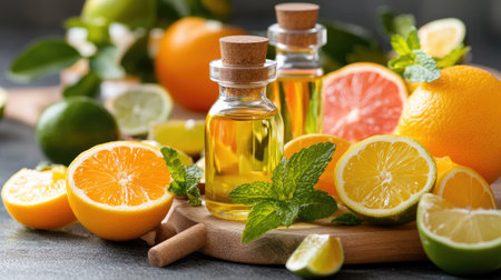 A vibrant display of fresh citrus fruits and essential oils arranged beautifully on a wooden board, showcasing their refreshing colors and natural appeal.の素材
