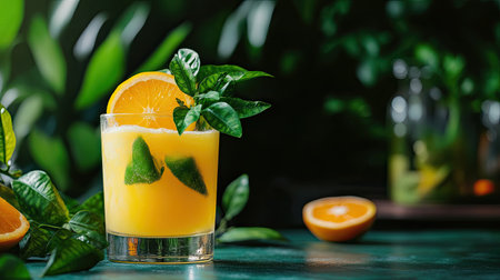 A vibrant tropical drink featuring fresh orange slices and fragrant mint leaves, set against a lush green background, perfect for summer enjoyment.の素材