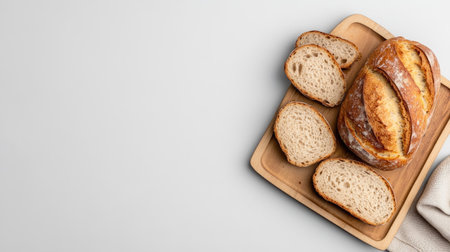 A beautiful arrangement of freshly baked artisan bread on a wooden tray, complete with slices ready to serve. Perfect for any meal or gathering.の素材