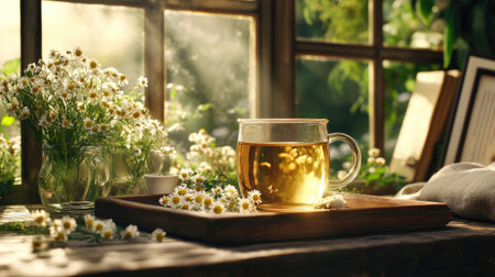 A serene scene featuring a clear glass cup of chamomile tea beside lush flowers, basking in warm sunlight by a rustic window, evoking peacefulness and comfort.の素材