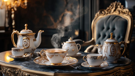 This image showcases an elegant vintage tea set arranged on an ornate table, with steam rising from a cup, creating a warm and inviting atmosphere perfect for gatherings.の素材