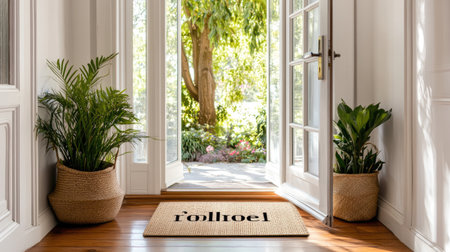 A cozy entryway features a stylish welcome mat and lush indoor plants, creating an inviting atmosphere flooded with natural light and warmth, ideal for any home.の素材