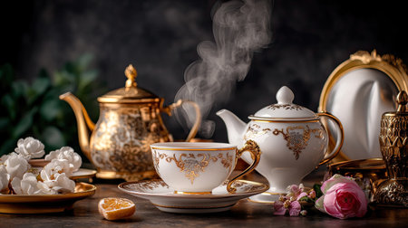 This elegant composition features a steaming teapot and cup alongside floral accents, evoking warmth and hospitality perfect for afternoon tea or special occasions.の素材