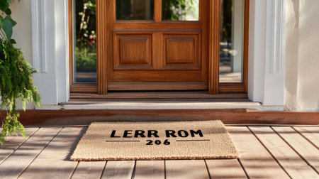A charming welcome doormat made of natural fibers, placed at a lovely front door, adding warmth and style to any home entrance, perfect for welcoming guests.の素材