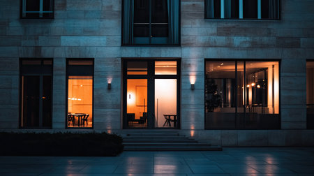 This striking modern building facade features warm interior lighting that creates an inviting atmosphere. Captured at night, the elegant design showcases stunning architecture.の素材