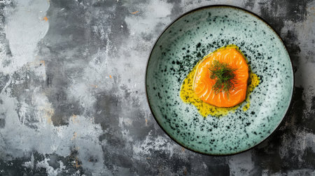 A vibrant salmon fillet elegantly placed on a blue plate, garnished with herbs and a drizzle of sauce, showcasing a modern culinary presentation.の素材