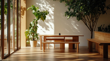 A serene and bright modern interior showcasing a wooden table and indoor plants, perfectly blending natural elements with contemporary design for a tranquil atmosphere.の素材