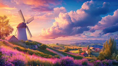 A stunning sunset illuminates a vibrant flower field with a classic windmill, creating a picturesque rural landscape filled with natural beauty and tranquility.の素材