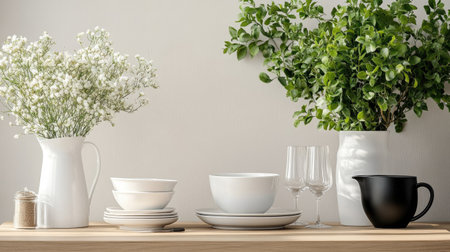 A modern kitchen table arrangement featuring fresh flowers, simple dishware, and elegant glassware. This composition exudes minimalism and tranquility.の素材