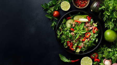 A vibrant salad featuring fresh vegetables and herbs garnished with lime and chili, ideal for healthy eating and culinary inspiration. Perfect for food lovers.の素材