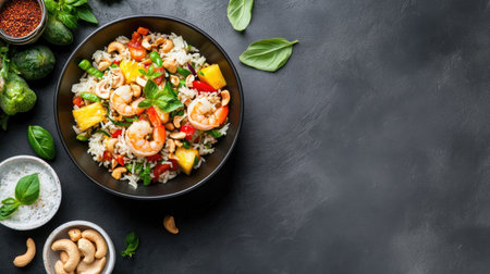 Delight in a vibrant shrimp rice bowl, featuring fresh vegetables, cashews, and pineapple. Perfect for a healthy meal that's visually appealing and delicious!の素材