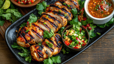 An inviting plate of grilled chicken skewers garnished with fresh herbs and served with a vibrant spicy dipping sauce perfect for sharing at any gathering.の素材