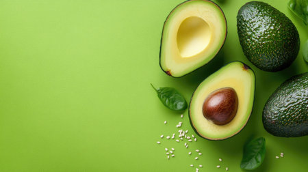 Vibrant fresh avocados rest on a bright green background, highlighting the healthy and nutritious qualities of this versatile fruit, perfect for various culinary uses.の素材