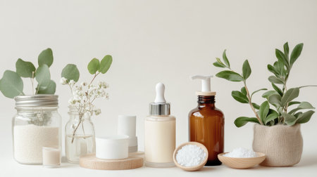 Arrange of natural skincare products with plants, essential oils, and herbal ingredients. Perfect for wellness and beauty themes focusing on purity and simplicity.の素材