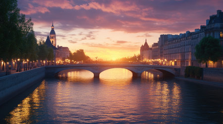 A breathtaking sunset casts warm hues over the river, illuminating the historic bridge and cityscape. Perfect for travel, nature, and architecture themes.の素材