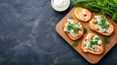 Indulge in this vibrant shrimp toast topped with creamy dill sauce. Perfect for appetizers or brunch, this dish is a delightful combination of flavors.の素材