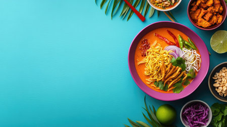 A vibrant bowl of Asian noodle soup showcases fresh ingredients, including herbs, chili, and lime, arranged artfully against a bright background, perfect for culinary delights.の素材
