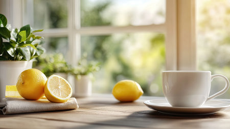 A bright, sunlit scene featuring fresh lemons and a white cup on a rustic wooden table near a window, evoking warmth and simplicity in a cozy kitchen atmosphere.の素材