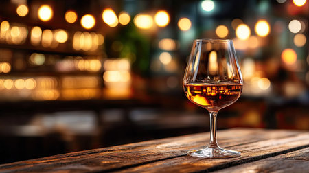 A stunning image of an elegant glass filled with amber spirit, resting on a rustic wooden table. Warm, soft lights create a cozy ambiance perfect for relaxation.の素材